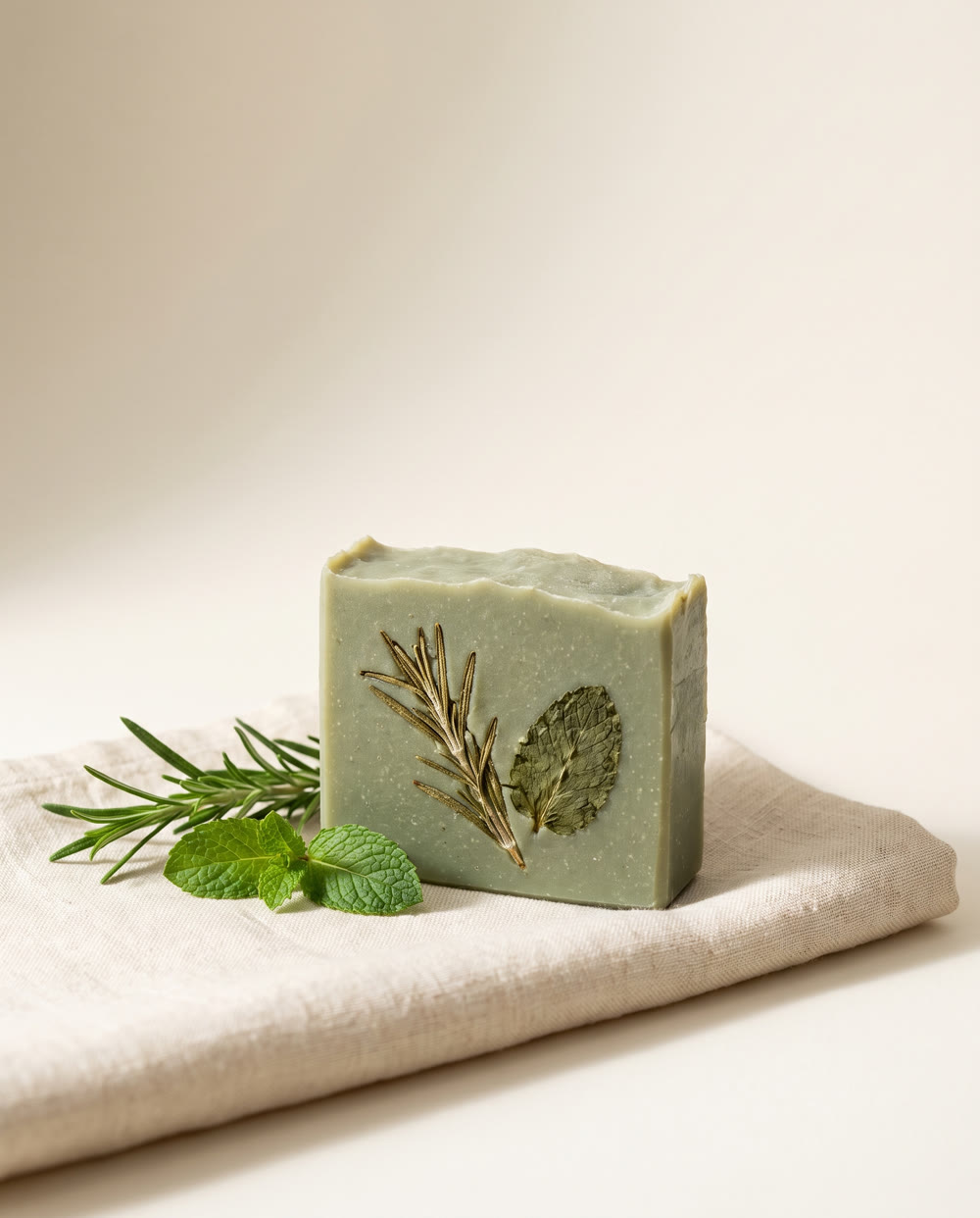 Rosemary Mint bar with a pressed rosemary sprig and mint leaf, on cream linen